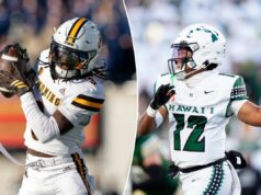 Previsão de Wyoming x Havaí: probabilidades, escolhas e melhor aposta para o confronto de Mountain West Um jogador de futebol americano do Wyoming com uniforme branco e capacete pegando uma bola de futebol.