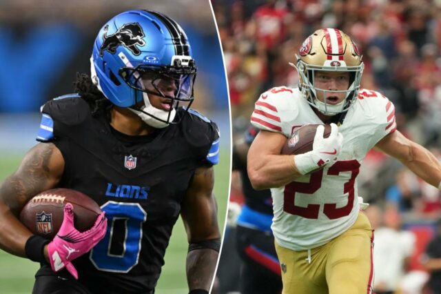 Previsões de Giants x 49ers, Vikings x Lions: probabilidades e O running back do Detroit Lions, Jahmyr Gibbs (0), corre a bola contra o Tampa Bay Buccaneers.