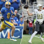 O quarterback do Pittsburgh Panthers, Mason Heintschel (6), corre a bola contra o Notre Dame Fighting Irish.