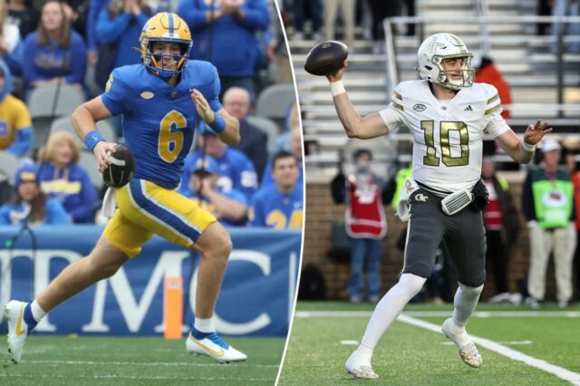 O quarterback do Pittsburgh Panthers, Mason Heintschel (6), corre a bola contra o Notre Dame Fighting Irish.