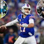 Os jogadores do Carolina Panthers, Rico Dowdle (5), Yosh Nijman (77) e Xavier Legette (17) comemoram um touchdown.