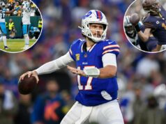 Previsões e escolhas da NFL para a semana 10 Os jogadores do Carolina Panthers, Rico Dowdle (5), Yosh Nijman (77) e Xavier Legette (17) comemoram um touchdown.