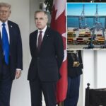 Donald J. Trump e Mark Carney do lado de fora com bandeiras americanas e canadenses.