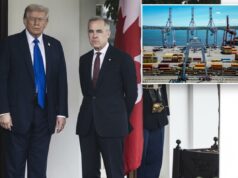 Primeiro-ministro do Canadá diz que negociações comerciais com os EUA serão retomadas “quando apropriado” Donald J. Trump e Mark Carney do lado de fora com bandeiras americanas e canadenses.