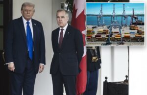 Primeiro-ministro do Canadá diz que negociações comerciais com os EUA serão retomadas “quando apropriado” Donald J. Trump e Mark Carney do lado de fora com bandeiras americanas e canadenses.