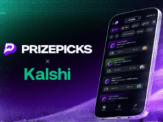 PrizePicks lança mercados de previsão por meio de nova parceria com Kalshi PrizePicks lança mercados de previsão por meio de uma nova parceria com Kalshi. Um gráfico promocional mostrando os logotipos PrizePicks e Kalshi lado a lado em um fundo verde e roxo, com um smartphone à direita exibindo a interface do aplicativo PrizePicks com várias opções de previsão de jogos esportivos.