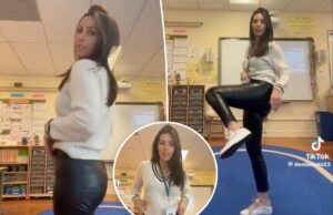 Professor criticado por exibir roupas ‘inadequadas’: ‘Calças de clube na escola’ Uma professora vestindo um suéter creme e calça de couro preta, com o logotipo do TikTok no canto superior esquerdo, está em uma sala de aula.