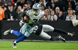 Qual a posição dos Cowboys no contrato de George Pickens com o recebedor definido para ganhar um pagamento maior O wide receiver dos Cowboys, George Pickens, tenta ultrapassar o cornerback dos Raiders, Kyu Blu Kelly, durante o segundo tempo em 17 de novembro de 2025.