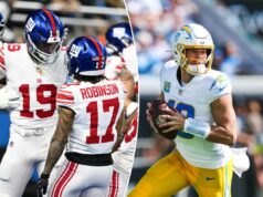 Raiders x Chargers, Giants x Patriots: probabilidades e escolhas da semana 13 da NFL Jogadores do New York Giants se aglomeram em campo.
