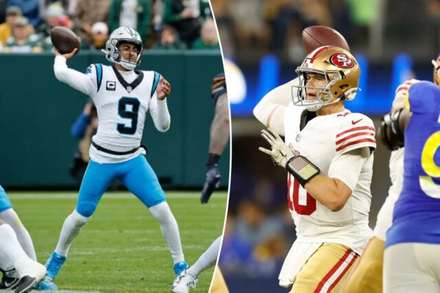 Rams x 49ers, Saints x Panthers: probabilidades da semana 10 O quarterback do Carolina Panthers, Bryce Young (9), lança um passe contra o Green Bay Packers.