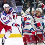 O pivô do New York Rangers, Mika Zibanejad (93), espera passar durante o terceiro período contra o Seattle Kraken na Climate Pledge Arena.