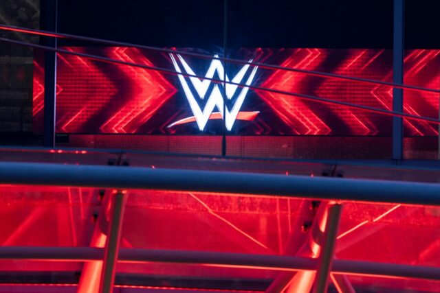 WWE logo inside the company's headquarters.
