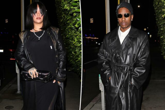 Rihanna e A$AP Rocky combinam com casacos de couro preto Rihanna e A$AP Rocky combinam com casacos de couro preto dignos de ‘Matrix’