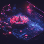 Batalha legal de sorteios. Risco do mercado negro: a proibição dos sorteios empurrará os jogadores para o exterior? Ilustração digital em estilo neon apresentando uma roleta brilhante em uma mesa virtual cercada por fichas, moedas e painéis de interface. Uma balança aparece ao fundo, simbolizando a supervisão legal. A cena geral combina imagens de cassino com telas holográficas para representar a interseção entre jogos de azar, tecnologia e regulamentação.