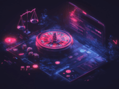 Risco do mercado negro: a proibição dos sorteios empurrará os jogadores para o exterior? Batalha legal de sorteios. Risco do mercado negro: a proibição dos sorteios empurrará os jogadores para o exterior? Ilustração digital em estilo neon apresentando uma roleta brilhante em uma mesa virtual cercada por fichas, moedas e painéis de interface. Uma balança aparece ao fundo, simbolizando a supervisão legal. A cena geral combina imagens de cassino com telas holográficas para representar a interseção entre jogos de azar, tecnologia e regulamentação.