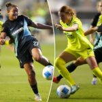 A zagueira do Gotham FC, Jess Carter (27), limpa a bola contra o atacante do Washington Spirit, Gift, na segunda-feira (21), durante a partida das semifinais do ano passado.