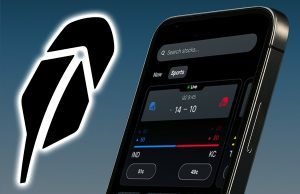 Robinhood abocanha 90% da MIAX Derivatives Exchange em impulso de previsão do mercado Robinhood abocanha 90% da MIAX Derivatives Exchange em impulso de previsão do mercado. Um close de um smartphone exibindo a interface do mercado de previsão esportiva do Robinhood, mostrando as probabilidades do jogo ao vivo, ao lado de um grande logotipo de pena brilhante do Robinhood em um fundo gradiente azul.