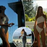 Rosie Huntington-Whiteley surpreende em novas fotos de maiô durante as férias, destacando abdominais tonificados