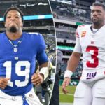 O quarterback do Giants, Jameis Winston (19), reage ao sair de campo no final do quarto período do jogo Giants e Philadelphia Eagles em East Rutherford, NJ.