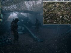 Rússia envia 150 mil soldados na última tentativa de invadir a Ucrânia em Donetsk: ‘Uma situação realmente tensa’ Dois soldados, vestidos com camuflagem, estão sob uma rede de camuflagem ao lado de um canhão de artilharia.