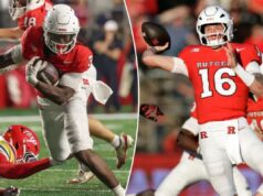 Rutgers mantém vivas as esperanças do bowl com vitória em casa sobre Maryland Antwan Raymond, que correu para 240 jardas, o recorde de sua carreira, sobe em campo durante a vitória de Rutgers por 35-20 em casa sobre o Maryland em 8 de novembro de 2025.