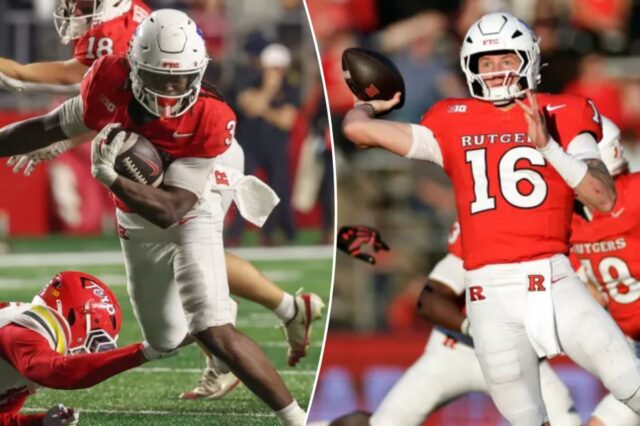 Antwan Raymond, que correu para 240 jardas, o recorde de sua carreira, sobe em campo durante a vitória de Rutgers por 35-20 em casa sobre o Maryland em 8 de novembro de 2025. 