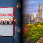 SGLA testemunha perante o comitê de Massachusetts sobre jogos 'Social Plus'. Uma imagem em tela dividida mostrando uma ilustração 3D de uma máquina caça-níqueis móvel à esquerda, exibindo a palavra 'CASINO' e uma combinação vencedora de 777 com moedas flutuando ao redor, e à direita uma vista panorâmica do centro de Boston com edifícios históricos, árvores verdes e a Custom House Tower sob um céu colorido.