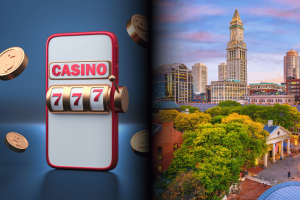 SGLA testemunha perante o comitê de Massachusetts sobre jogos 'Social SGLA testemunha perante o comitê de Massachusetts sobre jogos 'Social Plus'. Uma imagem em tela dividida mostrando uma ilustração 3D de uma máquina caça-níqueis móvel à esquerda, exibindo a palavra 'CASINO' e uma combinação vencedora de 777 com moedas flutuando ao redor, e à direita uma vista panorâmica do centro de Boston com edifícios históricos, árvores verdes e a Custom House Tower sob um céu colorido.