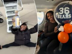 Simone Biles se separa com uma garrafa de tequila após viagem em jato particular para o jogo da Black Friday do Bears logotipo de fantasia azarão