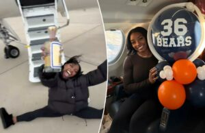 Simone Biles se separa com uma garrafa de tequila após viagem em jato particular para o jogo da Black Friday do Bears logotipo de fantasia azarão