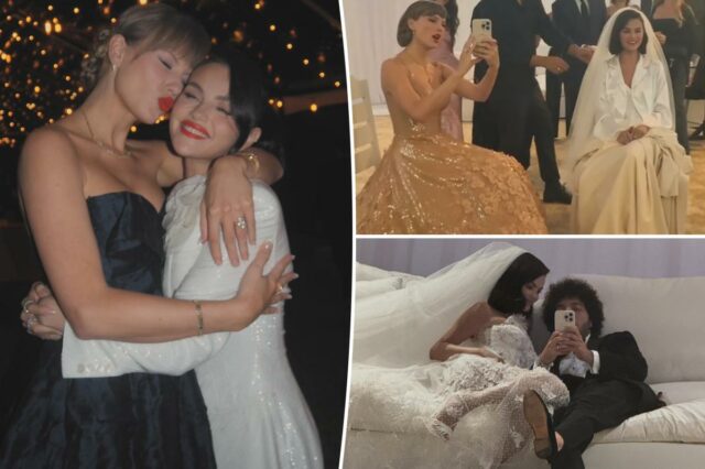 Taylor Swift compartilha um doce momento com a amiga Selena Taylor Swift compartilha um doce momento com a amiga Selena Gomez em uma foto de casamento nunca antes vista