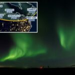 Mapa Fox Weather mostrando potencial visualização de auroras em várias cidades da América do Norte.