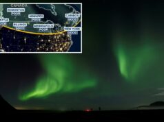Tempestade geomagnética ‘forte’ torna possível avistamentos da aurora boreal nos EUA na quinta e sexta-feira Mapa Fox Weather mostrando potencial visualização de auroras em várias cidades da América do Norte.