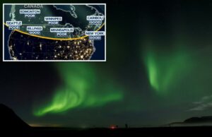 Tempestade geomagnética ‘forte’ torna possível avistamentos da aurora boreal nos EUA na quinta e sexta-feira Mapa Fox Weather mostrando potencial visualização de auroras em várias cidades da América do Norte.