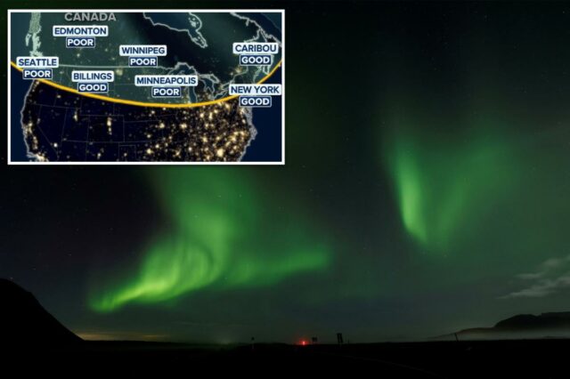 Tempestade geomagnética 'forte' torna possível avistamentos da aurora boreal nos Mapa Fox Weather mostrando potencial visualização de auroras em várias cidades da América do Norte.