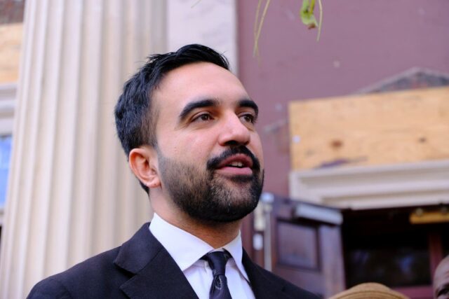 Mayoral candidate Zohran Mamdani and Attorney General Letitia James talk to members of the press outside Brooklyn Hanson Place Seventh-day Adventist Church in Fort Greene, Brooklyn three days before Election Day.