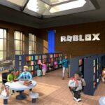 Roblox avatars in a library room in front of the company logo.