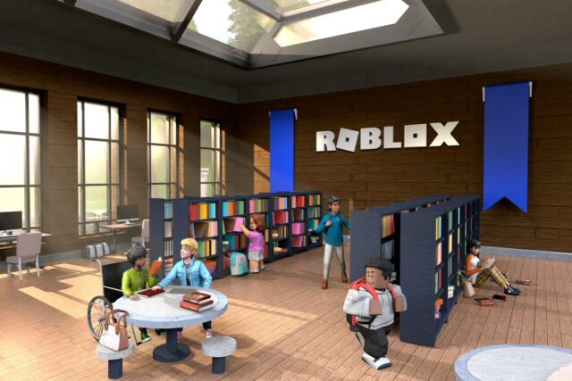 Roblox avatars in a library room in front of the company logo.
