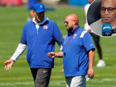 Tiki Barber critica jogador ‘pequena puta’ do Giants após vazamento de suposta briga lateral de treinador O coordenador ofensivo do New York Giants, Mike Kafka, e o técnico Brian Daboll no treino de futebol.