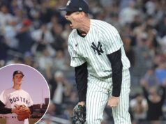 Tim Hill, dos Yankees, homenageado por vencer o câncer com prêmio de prestígio – do Red Sox Um arremessador do New York Yankees de risca de giz grita com a boca aberta e o punho cerrado.