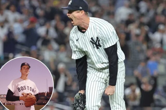 Tim Hill, dos Yankees, homenageado por vencer o câncer com Um arremessador do New York Yankees de risca de giz grita com a boca aberta e o punho cerrado.