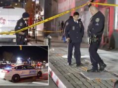 Tiroteio no centro de Manhattan deixa 1 morto enquanto policiais caçam atirador Policiais protegendo a cena de um tiroteio em frente ao Harbour NYC Club, em Midtown Manhattan.