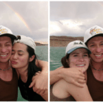 uma foto de uma mulher em uma varanda (à esquerda) em comparação com uma imagem gerada por IA daquela mulher como realeza