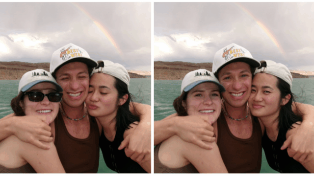 uma foto de uma mulher em uma varanda (à esquerda) em comparação com uma imagem gerada por IA daquela mulher como realeza