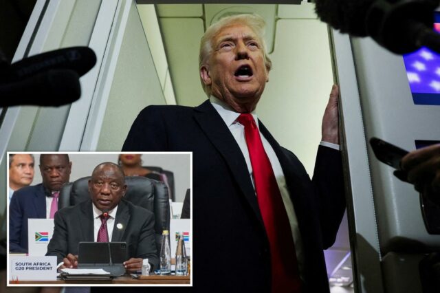 Trump não convidará a África do Sul para a cimeira Presidente Trump falando a bordo do Força Aérea Um com microfones apontados para ele.
