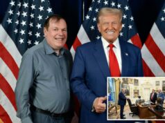 Trump nomeia filantropo de Long Island e filho de sobrevivente do Holocausto como embaixador dos EUA na Hungria Benjamin Landa e Donald Trump sorrindo diante de diversas bandeiras americanas.