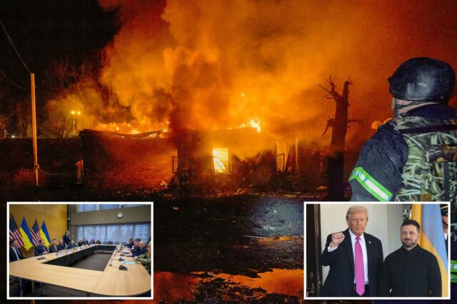 O presidente dos EUA, Donald Trump, e o presidente da Ucrânia, Volodymyr Zelensky, do lado de fora da ala oeste da Casa Branca.