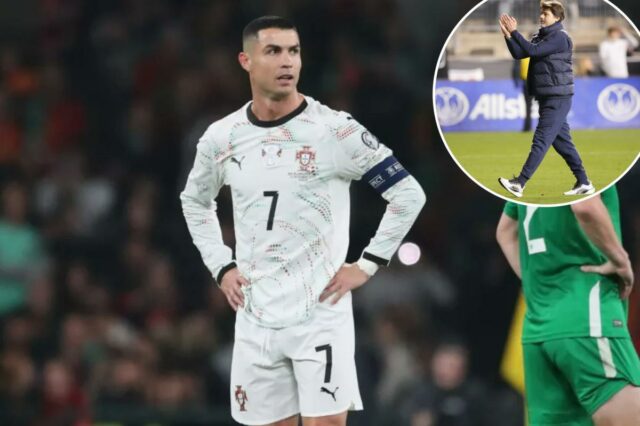 Cristiano Ronaldo reage durante partida de qualificação para a Copa do Mundo entre Irlanda e Portugal.