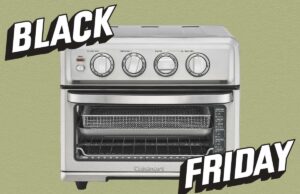Uma das ofertas mais saborosas da Black Friday está aqui: compre esta fritadeira com 55% de desconto Fritadeira Cuisinart Air da Amazon vista com comida dentro.