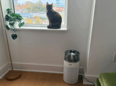 Utilizei o Dyson HushJet 24 horas por dia, 7 dias por semana, durante uma semana. Está tão silencioso que esqueci que estava ligado, mas notei um ar mais fresco. Abertura de fluxo de ar na parte superior do purificador de ar Dyson HushJet